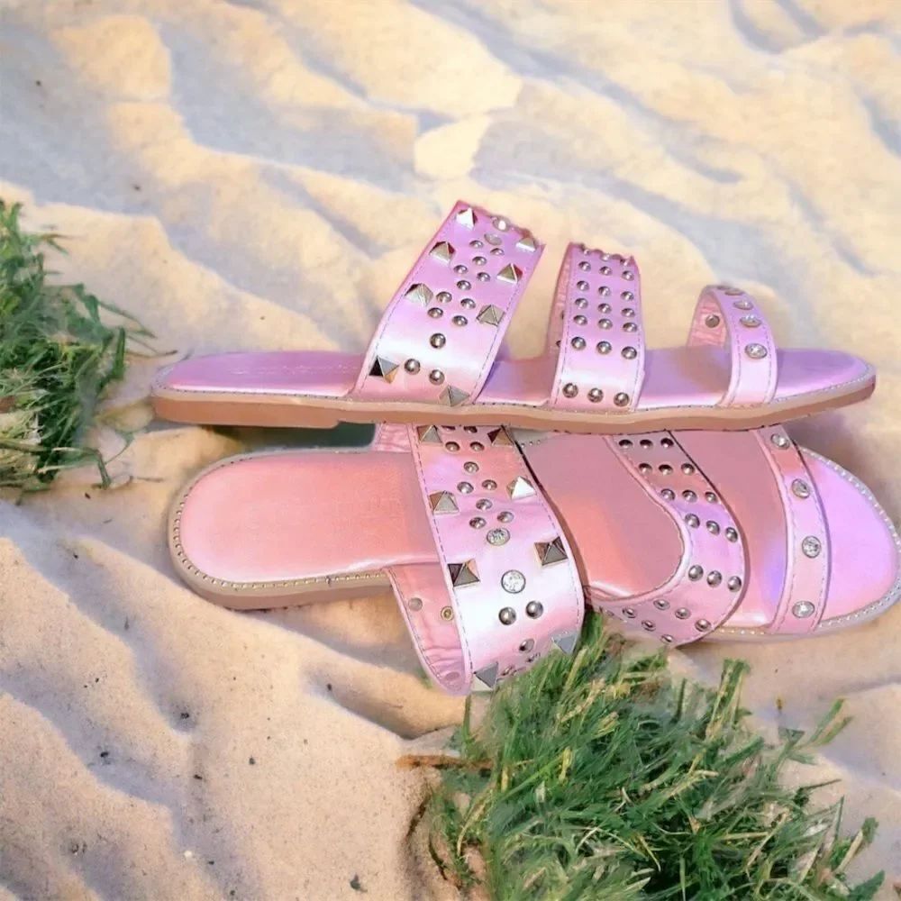 Pink Sandals l Gold-Studded l Slide on l Flats l Size 8 l EUC